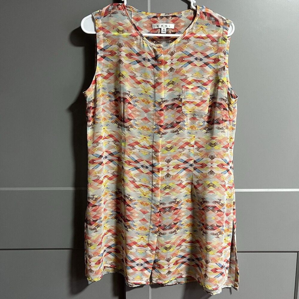 Cabi Women Avery Aztec Geo Print Chiffon Sheer Button Up Sleeveless Tunic Med